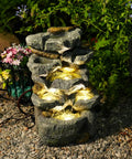 Solar Water Fountain Outdoor Garden 19.3 Inch Cascading Stone Design Five Tier Rock Feature Waterfalls With LED Lights