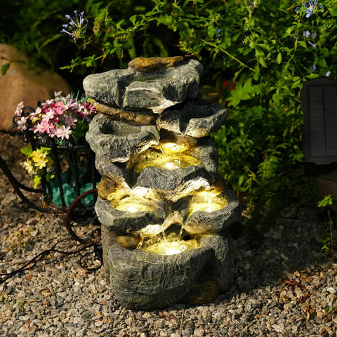 Solar Water Fountain Outdoor Garden 19.3 Inch Cascading Stone Design Five Tier Rock Feature Waterfalls With LED Lights