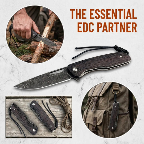 Damascus Steel Folding Pocket Knife with 3.35 Inch Blade and Rosewood Handle, Ultra Lightweight EDC Utility Knife, used outdoors