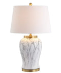 28-Inch White And Gold Ceramic Marble LED Table Lamp With Hand-Painted Faux Marble Base And White Linen Drum Shade For Living Room And Bedroom LED Bulb Included
