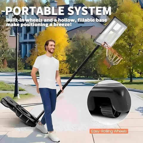 Man moving Backyard Portable Adjustable Basketball Hoop System for Indoor Outdoor Play, 44 Inch Shatterproof Backboard with Wheels