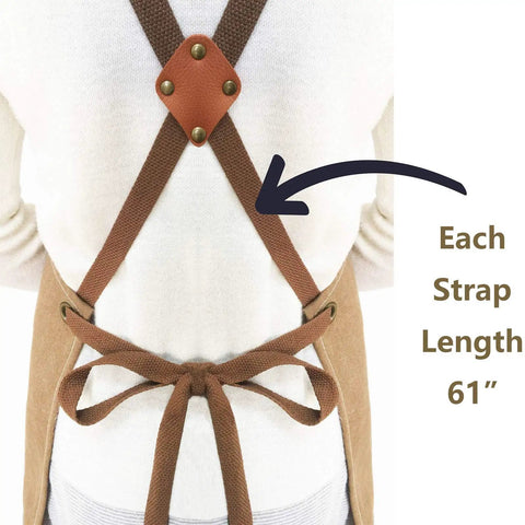 Back view of Heavy Duty Cross Back Cotton Canvas Apron With Extra Large Pockets For Home Cooks And Pros, showing cross-back straps.