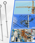 Eight Pack One Half Inch By Eighteen Inch Beefy Eye Bolts With Nuts Hot Dip Galvanized Heavy Duty Rigging Anchor Points for wood chain and wire rope lifting construction and outdoor anchoring shown against construction, utility, and industrial scenes.