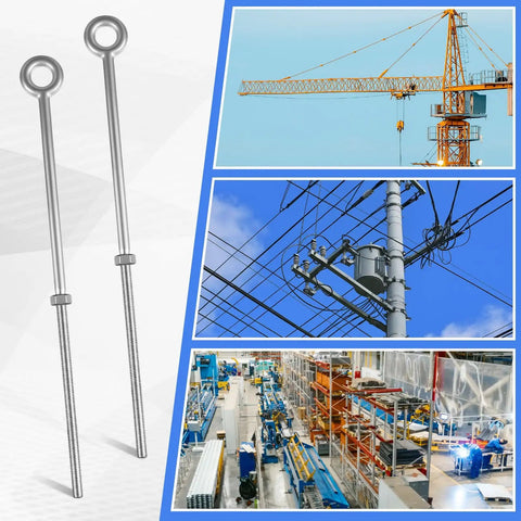 Eight Pack One Half Inch By Eighteen Inch Beefy Eye Bolts With Nuts Hot Dip Galvanized Heavy Duty Rigging Anchor Points for wood chain and wire rope lifting construction and outdoor anchoring shown against construction, utility, and industrial scenes.