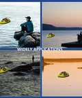 GPS Guided RC Bait Boat With Auto Return on water near anglers, showcasing fishing capabilities, four images collage.