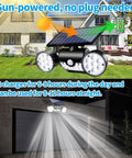 Beefed Up Outdoor Solar Security Lights 30 LED Dual Head Motion Sensor, IP65 Waterproof, illuminating a garage at night