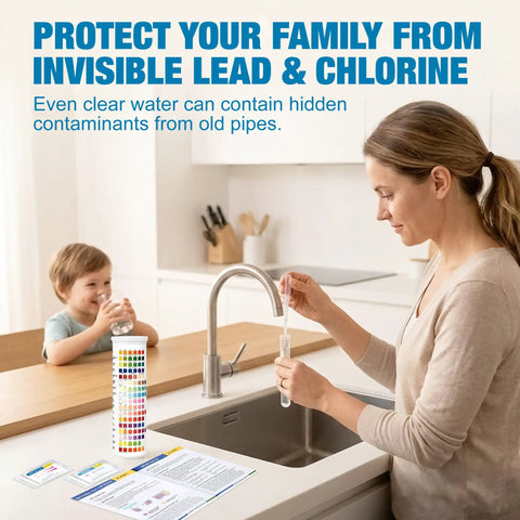 Woman testing water in kitchen with 21 In 1 Drinking Water Test Kit For Tap And Well With 120 Strips And 4 Bacteria Tests, child nearby.