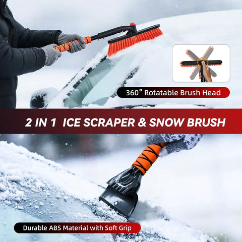 Person using 2-in-1 ice scraper and snow brush from All-In-One Roadside Emergency Kit With Portable Air Compressor And Jumper Cables.