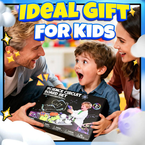 Family with child holding Hands On Electronics Exploration Kit For Kids With Over 300 Projects And 16 Circuit Parts Including Infrared Sensor.