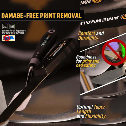 Durable 3D Print Removal Tool Kit With Pro Grade Comfort Grips And Hardened Blades shown in action on a 3D printer bed.