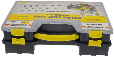 Fuel Line Repair Tech Tray with steel to nylon adapters and connectors in a compact case for cost-effective repairs