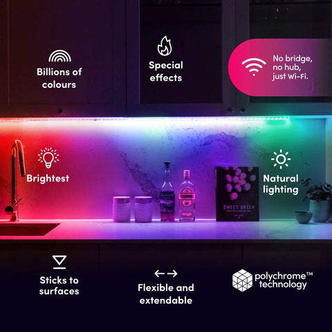 Under-cabinet view of Six Point Six Feet Dope Smart LED Strip Lights Kit with Multizone RGB and Tunable White glowing in rainbow colors.