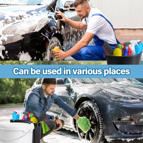 Two Pack Car Detailing Bucket Organizer Set with 10.2 x 7.8 x 5.5 Inch Buckets for car wash and care shown in use.