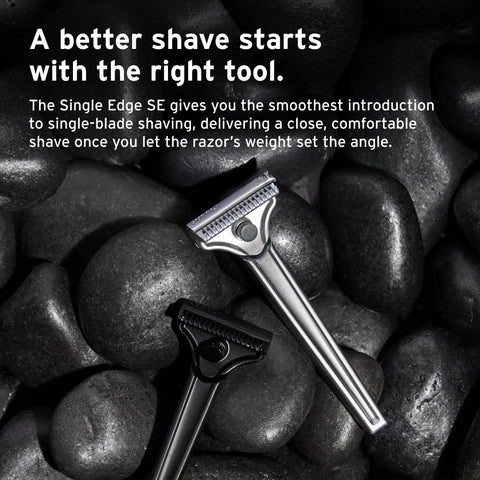 Single Edge SE Blade Refills For Men 8 Pack Japanese Made Stainless Steel Injector Razor Blades placed on dark stones.