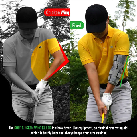 Golfer wearing yellow using Golf Swing Trainer Arm Brace That Keeps Your Elbow Straight Straight Arm Practice Aid To Eliminate Chicken Wing