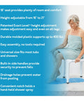Woman sitting on Heavy Duty Bath Seat and Shower Chair for Inside Tub, 400 lb capacity, adjustable height, slip-resistant features.