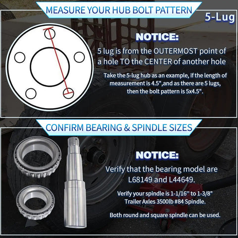 Diagram of Five Lug bolt pattern and spindle sizes for 3500 lb axles, includes measurements of bearing models L68149 and L44649.