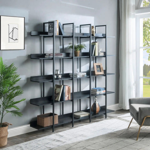 Five Tier Open Bookcase With Industrial Steel Frame And MDF Shelves Anti Tip Kit Adjustable in living room