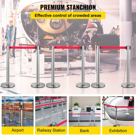Set Of 6 Heavy Duty Crowd Control Stanchions With 6.6 Feet Red Retractable Belts Rubber Base No Fuss Assembly Durable Stainless Steel Poles And Iron Frame Ideal Barrier Posts For Events Queues And Public Safety Lines in a museum display