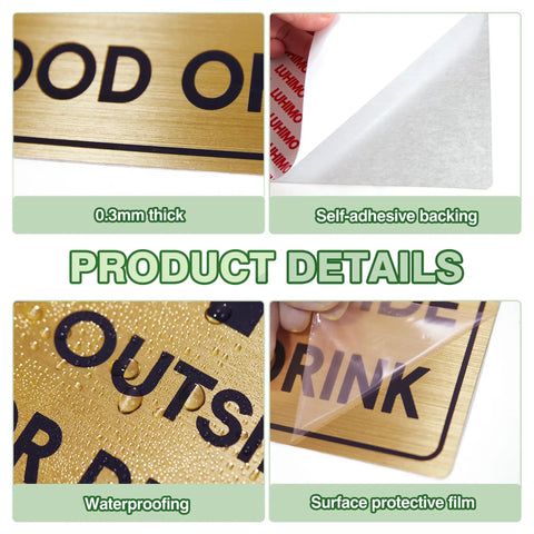 Brushed Gold No Food Or Drink Sign For Doors Two Pack Self Adhering Indoor Or Outdoor Use Ideal For Restaurants Offices And Businesses No Outside Food Or Drinks Allowed Sticker, 0.3mm thick