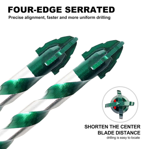 FEWELL four-edge serrated masonry drill bits set; green-coated steel, 1/8-1/2 in size, front view