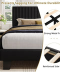 Close-up of Heavy Duty Queen Bed Frame With Padded Linen Headboard, solid wood base, showing strong metal frame details.