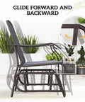 Side view of Three Piece Outdoor Glider Bistro Set with rocking chair and close-up of glider mechanism in breathable sling fabric.