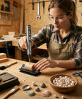 Person using a drill on cylindrical wood held by heavy duty CNC aluminum V block for precision drilling and accurate dimensional control.