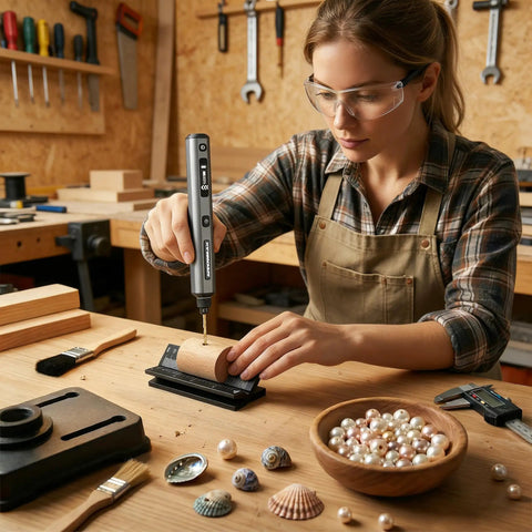 Person using a drill on cylindrical wood held by heavy duty CNC aluminum V block for precision drilling and accurate dimensional control.