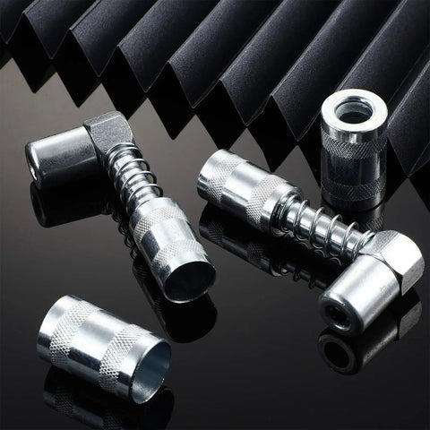 4 Piece 90 Degree Grease Gun Coupler Set with 3 Jaw Angle Fittings and Sleeves Spring Loaded Quick Connect Adapters on dark surface