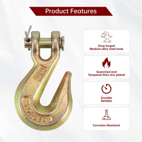 Clevis grab hook with yellow zinc finish; forged medium-alloy steel, Grade 70, for trailer use