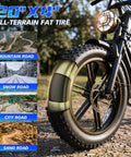 Adult Electric Bike, 750W Motor 1500W Peak Power, showcasing 20" fat tire suitable for mountain, snow, city, and sand roads.