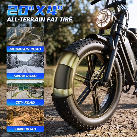 Adult Electric Bike, 750W Motor 1500W Peak Power, showcasing 20" fat tire suitable for mountain, snow, city, and sand roads.