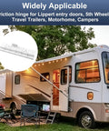 Heavy Duty Beefed Up RV Door Friction Hinges Compatible With Lippert Entry Doors For 5th Wheel Travel Trailers And Motorhomes Road Ready Camper Replacement Hardware With Slick Smooth Swap All Weather Tough displayed on a camper.