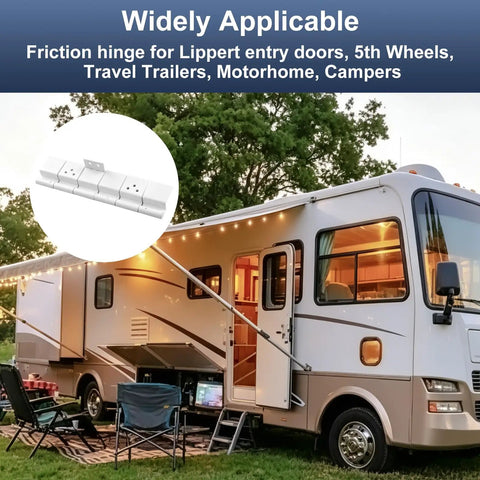 Heavy Duty Beefed Up RV Door Friction Hinges Compatible With Lippert Entry Doors For 5th Wheel Travel Trailers And Motorhomes Road Ready Camper Replacement Hardware With Slick Smooth Swap All Weather Tough displayed on a camper.