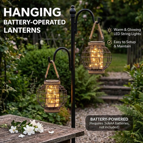 Battery Powered Metal Cage LED Lantern 7.3 Inch Tall Cordless Accent Light With 20 Fairy Lights hanging in garden.