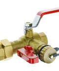 Side view of brass tankless water heater service valve kit with red lever, pressure relief valve, 3/4-inch IPS isolator