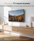Top Shelf Universal TV Mount Hardware Kit Loaded With Premium Vesa Screws Security Washers And Precision Spacers For A Bulletproof Wall Setup On 19 To 85 Inch Flat Screens mounted on a wooden cabinet.