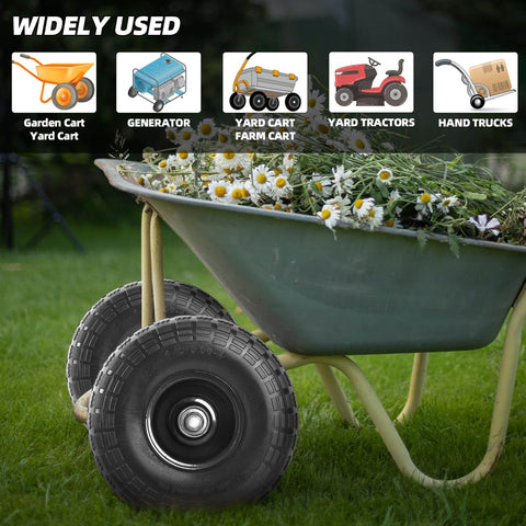 Two Pack 10 Inch Solid Rubber Tires and Wheels 4.10/3.50-4 Flat Free Replacement for Wheelbarrow in garden setting with flowers