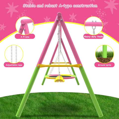 Heavy Duty Backyard Swing Set With Stand For Indoor Outdoor Fun 440 Lb Capacity Metal Frame Includes 32 Inch Saucer Swing And 26.2 Inch Belt Seat Double Swing Fun For Kids And Adults Pink Playset showing pink A-frame and hooks