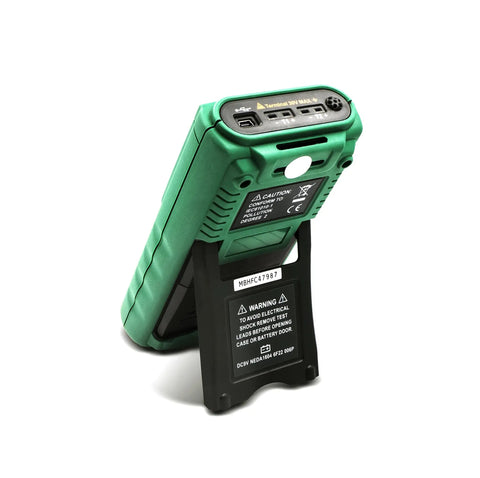 Back view of green Two Channel USB Data Logger Thermocouple Thermometer Pro Grade Build With PC Software For Windows 10, showing ports and stand.