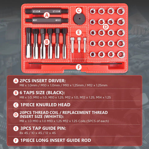 33 Piece Glow Plug Thread Repair Kit For Diesel Cylinder Heads With Tap Insert Driver showing tool set, including taps, coils, and guide rods.