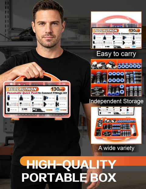 Premium 130 Pc Air Hose Push To Connect Fittings Kit For 1/4 Inch And Larger Pneumatic Lines With NPT Threads Quick Connect Adapters Ideal For Compressors And Auto Repair Shops portable orange case