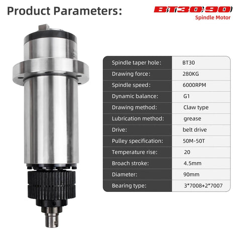 BT30 ATC Spindle Housing Kit With Five Premium Bearings Air Cylinder And Beefed Up Mounting Bracket For Smooth Rolling Killer CNC Router Setup, showing product parameters.