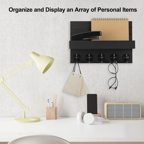 Wall Mounted Key Holder With Shelf And Large Hooks For Keys Bags Coats Umbrellas And Mail Paulownia Wood Entryway Organizer