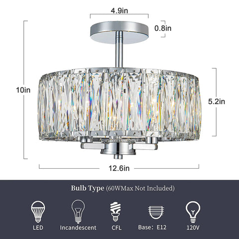 Crystal Drum Ceiling Light Fixture 13 Inch Flush Mount Chandelier With Chrome Finish Glam Crystal Beaded Ceiling Lamp dimensions