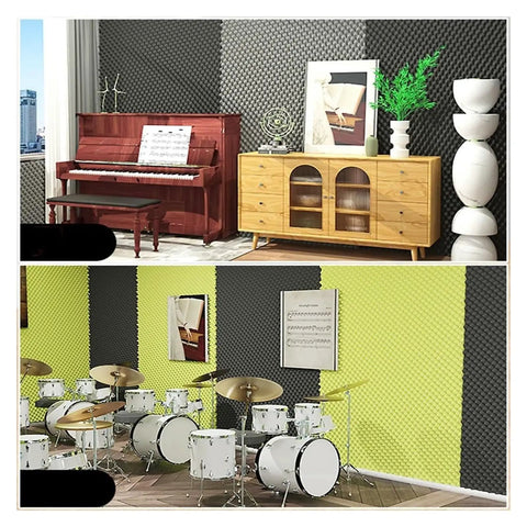 Top Shelf Self Adhesive Soundproofing Foam Acoustic Panels 5Cm Thick used in a studio for sound absorption and decor.