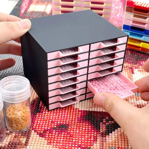 All-In-One 16-Drawer Diamond Art Tray Organizer Rack For Diamond Painting Supplies, Diamond Drill Storage Box, pink trays, black case