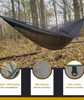 Full Length Hammock Underquilt for Cold Weather Camping attached to hammock in a forest with nylon and DWR coating visible