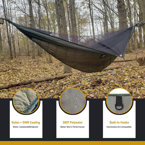 Full Length Hammock Underquilt for Cold Weather Camping attached to hammock in a forest with nylon and DWR coating visible